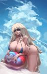  1girl absurdres all_fours ball beachball bikini blindfold blonde_hair blue_bikini blue_collar breasts cleavage cloud collar cutesexyrobutts goblin_slayer! highres huge_breasts huge_filesize lips long_hair paid_reward patreon_reward sand signature skindentation solo swimsuit sword_maiden thick_thighs thighs very_long_hair 