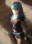  1girl black_shorts blue_eyes blue_hair byleth_(fire_emblem) byleth_(fire_emblem)_(female) cape closed_mouth fire_emblem fire_emblem:_three_houses medium_hair pantyhose robaco shorts solo twitter_username 