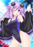  1girl adult_neptune bikini blush breasts cameltoe covered_navel covered_nipples d-pad d-pad_hair_ornament hair_between_eyes hair_ornament highres kazuneko_(wktk1024) long_hair looking_at_viewer medium_breasts neptune_(series) one-piece_swimsuit one_eye_closed open_clothes purple_eyes purple_hair shin_jigen_game_neptune_vii shiny shiny_skin smile solo swimsuit swimsuit_under_clothes tongue tongue_out very_long_hair wet 