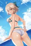  1girl ahoge ass bikini blonde_hair blue_ribbon blue_sky blush bracelet breasts butt_crack cleavage cloud collarbone commentary_request cowboy_shot day dutch_angle fate/grand_order fate_(series) hair_ribbon harimoji highleg_bikini_bottom highres jewelry looking_at_viewer medium_breasts ocean okita_souji_(fate)_(all) okita_souji_(swimsuit_assassin)_(fate) outdoors over_shoulder ribbon short_hair sky smile solo swimsuit thighs white_bikini yellow_eyes 