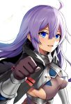  1girl ahoge armor black_capelet blue_eyes bracer brave_girl_ravens breasts brown_gloves capelet clenched_hand cracked fist_bump gloves hair_between_eyes horosuke_(toot08) large_breasts looking_at_viewer purple_hair sideboob simple_background smile solo upper_body white_background 