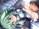  1boy 1girl black_hair black_legwear black_sleeves blue_neckwear closed_mouth cunnilingus faceless faceless_male green_eyes green_hair hair_between_eyes hair_ornament hairclip hetero kantai_collection kurokoshou_(emuburemu123) long_hair lying neckerchief on_back oral panties panties_around_one_leg polka_dot polka_dot_panties pussy shiny shiny_skin spread_legs sweat tears thighhighs tongue uncensored underwear wavy_mouth yamakaze_(kantai_collection) 