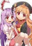  &gt;:) 2girls animal_ears arms_up bangs belt black_dress black_headwear blonde_hair blush bobby_socks bunny_ears carrying commentary_request cowboy_shot dress eyebrows_visible_through_hair feet_out_of_frame hat head_tilt highres junko_(touhou) lavender_hair long_hair looking_at_viewer miniskirt multiple_girls necktie open_mouth pink_skirt princess_carry puffy_short_sleeves puffy_sleeves red_eyes red_neckwear reisen_udongein_inaba shirt short_sleeves simple_background skirt smile socks sugiyama_ichirou sweatdrop tabard touhou untucked_shirt very_long_hair white_background white_legwear white_shirt 