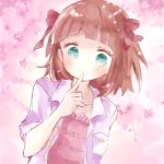  1girl amami_haruka blush bow brown_hair closed_mouth collarbone dress floral_background flower green_eyes hair_bow hand_up idolmaster idolmaster_(classic) jacket open_clothes open_jacket pink_dress pink_flower purple_jacket red_bow short_sleeves smile solo tsukiyo_(skymint) upper_body 
