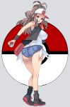  1girl ass bag baseball_cap black_vest blue_eyes boots breasts brown_hair denim denim_shorts from_behind full_body hat high_ponytail highres holding holding_poke_ball impossible_clothes large_breasts long_hair looking_at_viewer looking_back masao poke_ball poke_ball_symbol pokemon pokemon_(game) pokemon_bw shirt short_shorts shorts shoulder_bag simple_background sleeveless sleeveless_shirt solo tank_top touko_(pokemon) vest wristband 