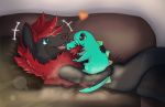  &lt;3 anthro black_fur canid canine canis crocodile crocodilian crocodylid feral fur hi_res hug jackal male mammal nintendo pok&eacute;mon pok&eacute;mon_(species) red_fur reptile resachii scalie sofa tongue totodile video_games 