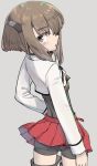  1girl bangs bike_shorts blush brown_eyes brown_hair corset eyebrows_visible_through_hair flat_chest from_behind grey_background head_tilt headband headgear kantai_collection long_sleeves monaka_ooji pleated_skirt red_skirt short_hair shorts shorts_under_skirt simple_background skirt solo taihou_(kantai_collection) 