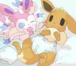  2016 accessory blue_eyes bow_tie brown_fur diaper duo eevee eeveelution female feral fur hair_accessory hair_ribbon hand_on_face hi_res hindpaw lying male nintendo on_back open_mouth paws pok&eacute;mon pok&eacute;mon_(species) ribbons sylveon video_games wadorigi white_fur 