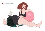  1boy 1girl 2017 anklet ass ass_focus ball barefoot bike_shorts blush_stickers boku_no_hero_academia breast_press breasts brown_eyes brown_hair dated exercise exercise_ball face_in_ass gloves green_hair hetero huge_ass jewelry large_breasts midoriya_izuku patreon_username short_hair sideboob sitting sitting_on_face sitting_on_person solo_focus sports_bra tangobat thumbs_up toe_scrunch toes uraraka_ochako white_background 