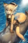  anthro black_clothing black_swimwear blonde_hair breasts brown_eyes canid canine clothing eiminsansan female fox fur hair hi_res kemono long_hair looking_at_viewer mammal open_mouth orange_fur painting small_breasts smile solo swimwear tongue water young たまかけご 