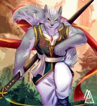  2019 anthro canid canine canis clothing digital_media_(artwork) fur grey_fur hair heterochromia hi_res looking_at_viewer male mammal piao_miao samurai_sword solo white_hair wolf 
