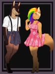  2019 absurd_res anthro blue_eyes blush canid canine canis choker clothed clothing collar digital_media_(artwork) domestic_cat domestic_dog dress duo ear_piercing felid feline felis female fur hair hi_res jazzymunch jewelry looking_at_viewer male mammal mia_dyke_(character) multicolored_hair necklace open_mouth piercing rainbow rainbow_hair simple_background smile tongue tongue_out wolky 