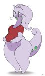  2019 2_fingers ambiguous_gender antennae_(anatomy) anthro belly big_belly bottomless clothed clothing curled_tail digitalpelican dragon fingers goodra green_eyes hi_res long_neck looking_down navel nintendo overweight pok&eacute;mon pok&eacute;mon_(species) shirt sigh slime solo standing thick_tail thick_thighs topwear video_games wide_hips 