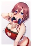 1girl :o bare_shoulders bikini blue_eyes blush bracelet breasts bubble_tea_challenge cleavage cleavage_cutout cup drink drinking_straw fingernails fou_zi go-toubun_no_hanayome hair_between_eyes half-closed_eyes headphones highres jewelry large_breasts leaning_forward long_hair looking_at_viewer nakano_miku open_mouth red_bikini red_hair solo swimsuit 