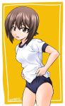  1girl artist_name bangs black_buruma brown_eyes brown_hair buruma buruma_lift cowboy_shot eyebrows_visible_through_hair girls_und_panzer gym_shirt gym_uniform hands_on_hips highres ken_(haresaku) leaning_forward lifted_by_self looking_at_viewer nishizumi_maho open_mouth shirt short_hair short_sleeves signature simple_background solo standing t-shirt white_background white_shirt yellow_background 