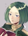  1boy blue_eyes book epaulettes fire_emblem fire_emblem:_three_houses green_hair grey_background linhardt_von_hevring long_hair low_ponytail male_focus open_mouth portrait solo uniform yuura2124 