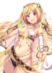 1girl :d aki_rosenthal blonde_hair bracelet breasts chain choker commentary_request dancer detached_sleeves eyebrows_visible_through_hair gem gold gold_chain hair_ornament hololive hyui_cf2 jewelry loincloth looking_at_viewer medium_breasts navel necklace open_mouth purple_eyes revealing_clothes see-through smile solo upper_teeth veil 