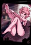  1girl armpits ashido_mina bare_arms bare_legs bare_shoulders barefoot black_camisole black_panties boku_no_hero_academia camisole covered_nipples full_body ganassa highres looking_at_viewer panties soles solo toes underwear underwear_only 