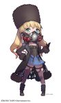  1girl artist_request black_gloves blonde_hair bustier chibi choker code_vein commentary_request eyebrows_visible_through_hair full_body fur_hat fur_trim gas_mask gloves green_eyes hand_on_hip hat highres long_coat looking_at_viewer mia_karnstein papakha skirt solo thighhighs twintails white_background 