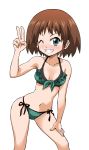  1girl bangs bikini blue_eyes blush breasts brown_hair commentary frilled_bikini frills front-tie_bikini front-tie_top girls_und_panzer green_bikini grin hand_on_own_thigh highres ken_(haresaku) leaning_forward looking_at_viewer medium_breasts navel pose sakaguchi_karina short_hair side-tie_bikini simple_background skindentation smile solo standing swimsuit v white_background 