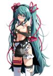  1girl black_gloves black_hairband black_shorts blue_eyes blue_hair blush breasts cleavage closed_mouth covering covering_one_breast elbow_gloves gloves hair_ribbon hairband hatsune_miku highres long_hair medium_breasts number one_eye_closed project_diva_(series) red_ribbon ribbon shiny shiny_hair shirt short_shorts shorts simple_background solo standing sweatdrop tattoo thigh_strap thighhighs torn_clothes torn_gloves torn_legwear torn_shirt torn_shorts tsukishiro_saika twintails underboob very_long_hair vocaloid white_background white_legwear 