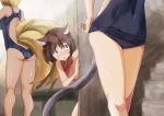  3girls ass bare_shoulders blonde_hair brown_eyes brown_hair chen drooling fox_tail hand_on_hip mouse_tail multiple_girls multiple_tails nazrin no_hat no_headwear peeking_out short_hair swimsuit tail touhou yakumo_ran yohane 