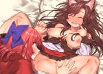  2girls ^_^ animal_ears bangs bare_shoulders bed_sheet blue_bow blush bow breasts brooch brown_hair cape closed_eyes collarbone commentary_request cunnilingus dress eyebrows_visible_through_hair fang feet_out_of_frame hair_between_eyes hair_bow hand_up highres holding_hands imaizumi_kagerou interlocked_fingers jewelry long_hair long_sleeves looking_at_another lying masanaga_(tsukasa) medium_breasts multiple_girls nail_polish nipples nose_blush off-shoulder_dress off_shoulder on_back open_mouth oral pillow red_cape red_eyes red_hair red_nails ribbon-trimmed_bow ribbon_trim sekibanki short_hair sidelocks spread_legs thighs touhou white_dress wolf_ears yuri 