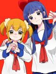  2girls 50yen blonde_hair blue_eyes blue_hair blush bow closed_mouth hand_on_another&#039;s_shoulder long_hair medium_hair multiple_girls poptepipic red_background red_bow school_uniform scrunchie simple_background twintails upper_body veins veiny_hands yellow_eyes yellow_sclera 