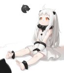  1girl absurdres ankle_cuffs barefoot collar dress full_body headgear highres kantai_collection lkqyan long_hair looking_up mittens northern_ocean_hime orange_eyes shinkaisei-kan sitting sleeveless sleeveless_dress solo teeth v_arms white_dress white_hair white_skin 