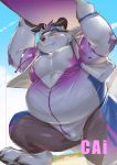  2019 absurd_res anthro behemoth_(housamo) belly blush cai1448331577 clothed clothing cute_fangs eyes_closed hi_res horn male monster moobs nipples overweight overweight_male solo surfboard tokyo_afterschool_summoners video_games 