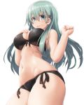  1girl aqua_eyes aqua_hair bangs bare_shoulders black_bra black_panties blush bow bow_panties bra breasts commentary commentary_request cowboy_shot dd_(ijigendd) eyebrows_visible_through_hair from_side groin hair_ornament hairclip hand_on_own_chest highres kantai_collection large_breasts long_hair looking_at_viewer navel open_mouth panties side-tie_panties simple_background smile solo standing suzuya_(kantai_collection) thighs underwear underwear_only white_background 