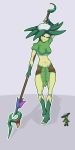  2019 abs alien breasts clothed clothing digital_media_(artwork) female flora_fauna floran green_skin hi_res humanoid leaf looking_at_viewer melee_weapon muscular navel not_furry plant plant_humanoid polearm sekama_(character) simple_background solo spear standing standing_tough starbound video_games weapon 
