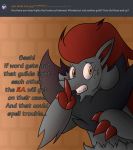  2019 aiden_laninga ask_blog bodily_fluids canid canine claws dialogue digital_media_(artwork) english_text fur hi_res mammal neksu nintendo open_mouth pok&eacute;mon pok&eacute;mon_(species) pok&eacute;mon_mystery_dungeon red_claws shh simple_background sweat sweatdrop teeth text video_games wanderlust worried zoroark 