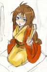  1girl blue_eyes blush breasts brown_hair commentary_request graphite_(medium) gundam gundam_unicorn highres japanese_clothes kimono konnyaku_(kk-monmon) long_hair looking_at_viewer marida_cruz open_mouth ponytail sitting sketch solo traditional_media 