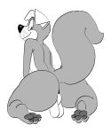  3_toes anthro balls big_butt big_tail butt canid canine canis domestic_dog freckles greyscale hi_res kom komdog male mammal monochrome nude paws presenting smile solo toes 