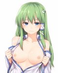  1girl bangs bare_shoulders blue_eyes blush breasts collarbone commentary_request detached_sleeves flashing frog_hair_ornament green_hair hair_between_eyes hair_ornament hair_tubes highres kochiya_sanae long_hair long_sleeves looking_at_viewer medium_breasts miyo_(ranthath) nipples shirt sidelocks simple_background snake_hair_ornament solo touhou upper_body white_background white_shirt wide_sleeves wing_collar 