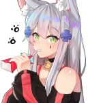  1girl animal_ear_fluff animal_ears bangs bell bell_choker bendy_straw black_choker black_sleeves blush cat_ears choker closed_mouth commentary detached_sleeves drinking drinking_straw eyebrows_visible_through_hair facial_mark girls_frontline green_eyes hair_between_eyes hair_ornament highres hk416_(girls_frontline) holding jingle_bell kemonomimi_mode long_hair long_sleeves looking_at_viewer meow_nyang puffy_long_sleeves puffy_sleeves sidelocks silver_hair simple_background solo upper_body white_background 