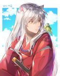  1boy animal animal_ears animal_on_shoulder bird_on_shoulder cloud fox_ears hair_between_eyes inuyasha inuyasha_(character) japanese_clothes jewelry kimono long_hair magatama male_focus motobi_(mtb_umk) necklace red_kimono silver_hair slit_pupils solo sword twitter_username very_long_hair weapon white_background yellow_eyes 