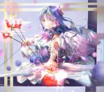  1girl aiming_at_viewer arrow bangs blue_hair bow bow_(weapon) butterfly_hair_ornament commentary_request drawing_bow flower hair_between_eyes hair_flower hair_ornament heart heart_arrow highres holding holding_arrow holding_bow_(weapon) holding_weapon long_hair looking_at_viewer love_live! love_live!_school_idol_festival love_live!_school_idol_project moshi_0208 outstretched_arm pointing pointing_at_viewer smile solo sonoda_umi weapon yellow_eyes 