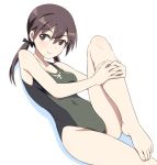  1girl barefoot black_hair black_ribbon breasts brown_eyes competition_swimsuit gertrud_barkhorn grey_swimsuit hair_ribbon leg_up looking_to_the_side nanashino one-piece_swimsuit ribbon simple_background sitting small_breasts solo strike_witches swimsuit twintails two-tone_swimsuit white_background world_witches_series 