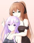  2girls :d bangs bare_shoulders black_dress black_ribbon blush breasts brown_background brown_hair choujigen_game_neptune closed_mouth collarbone commentary_request crossover d-pad d-pad_hair_ornament dress eyebrows_visible_through_hair fingernails girls_frontline green_eyes hair_between_eyes hair_ornament hair_ribbon hand_up high_ponytail highres index_finger_raised keenh long_hair m1903_springfield_(girls_frontline) medium_breasts multiple_girls nepgear neptune_(series) off-shoulder_dress off_shoulder open_mouth ponytail purple_eyes purple_hair ribbon signature simple_background sleeveless sleeveless_dress smile upper_body very_long_hair 