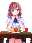 1girl blue_eyes blue_neckwear blue_skirt blush bow bowtie buttons closed_mouth collared_shirt commentary_request cup dress_shirt food hanekoto highres holding holding_spoon looking_at_viewer miniskirt omurice original plate red_hair shirt short_hair short_sleeves simple_background sitting skirt solo spoon striped striped_neckwear table white_background white_shirt wristband 