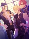  3boys black_hair blonde_hair blue_eyes brown_eyes dimitri_alexandre_bladud epaulettes felix_hugo_fraldarius fire_emblem fire_emblem:_three_houses gloves hair_bun highres male_focus multiple_boys orange_hair sitting sword sylvain_jose_gautier teeth uniform weapon window ybaoi 