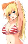  1girl :d absurdres armpits arms_up bangs bare_shoulders bikini blonde_hair blue_eyes blush breasts collarbone commentary_request eyebrows_visible_through_hair head_tilt highres idolmaster idolmaster_cinderella_girls large_breasts long_hair looking_at_viewer navel ootsuki_yui open_mouth red_bikini sidelocks simple_background smile solo stomach striped striped_bikini swimsuit techi_(techi35499) upper_body white_background white_bikini 