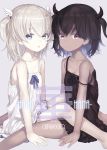  2girls :o artist_name bangs bare_arms bare_shoulders black_dress black_hair capriccio closed_mouth collarbone commentary_request curled_horns dark_skin dress eyebrows_visible_through_hair fingernails grey_eyes hair_between_eyes head_wings horns long_hair looking_at_viewer maku_roiko mashiro_icone multiple_girls original parted_lips purple_eyes silver_hair sitting sleeveless sleeveless_dress strap_slip two_side_up white_dress white_wings wings 