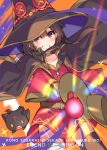  1girl bandaged_leg bandages belt black_gloves black_hair black_legwear blush breasts cape cat chomusuke dress fingerless_gloves gloves hat highres kono_subarashii_sekai_ni_shukufuku_wo! looking_at_viewer megumin mishima_kurone red_dress red_eyes short_hair single_thighhigh solo staff thighhighs witch_hat 