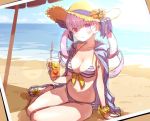  1girl beach bikini blue_hair blue_ribbon blue_sky blush breasts cleavage closed_mouth commentary cup day drinking_straw flower hair_ribbon hat hat_flower holding holding_cup hololive long_hair looking_at_viewer medium_breasts minato_aqua multicolored_hair navel outdoors parasol photo_(object) purple_eyes purple_hair ribbon sitting sketch skindentation sky solo straw_hat striped striped_bikini sweat swimsuit twintails two-tone_hair umbrella virtual_youtuber yokozuwari yoshida_on 