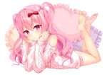  1girl absurdres barefoot chin_rest commentary_request feet girlfriend_(kari) highres kagami_matsuri legs legs_up long_hair lying no_pants on_stomach pillow pink_eyes pink_hair pink_sweater ribbon shiorin1910 soles solo sweater toes two_side_up 