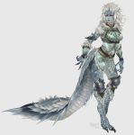  2019 4_fingers anthro breasts capcom claws clothed clothing digital_media_(artwork) fanged_wyvern female fingers hair kiguri looking_at_viewer monster_hunter red_eyes scales simple_background solo tobi-kadachi video_games white_background 