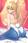  1girl animal_ears artoria_pendragon_(all) artoria_pendragon_(swimsuit_ruler)_(fate) ass back bare_shoulders blonde_hair blue_legwear blush braid breasts bunny_ears bunny_tail bunnysuit detached_collar fate/grand_order fate_(series) fishnet_pantyhose fishnets french_braid green_eyes hair_between_eyes highres kuavera large_breasts leotard long_hair looking_at_viewer looking_back pantyhose playing_games poker_chip ponytail sidelocks sitting smile solo tail thighs tiara wariza white_leotard 